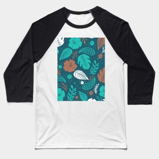 Foliage & Hibiscus Pattern - Navy Baseball T-Shirt